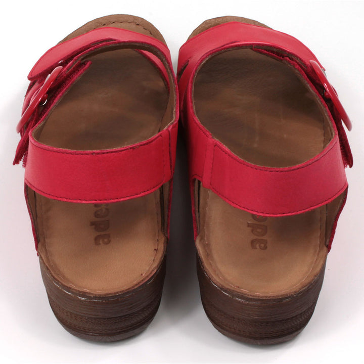 Adesso Lily sandals in salsa red. Double foot straps and ankle strap. Red buckle. Low heels. Back view.