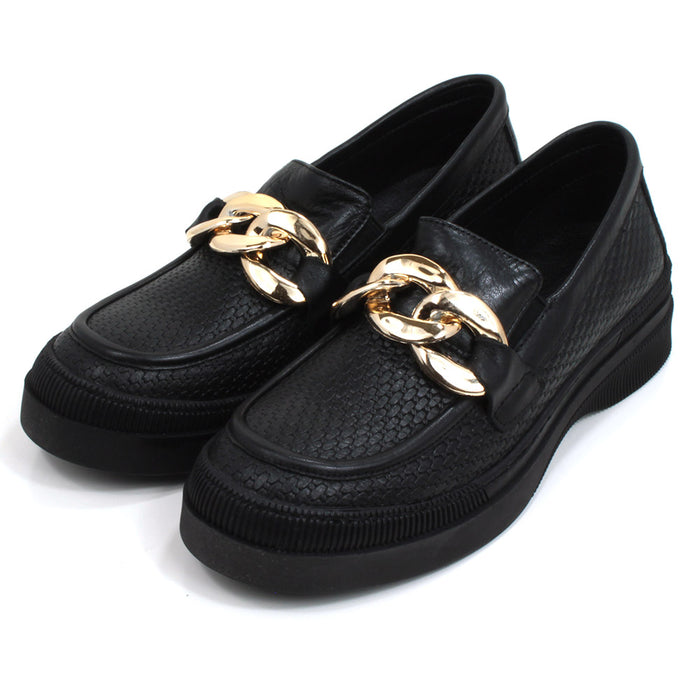 Adesso black loafers with chunky three link gold chain detail. Angled view