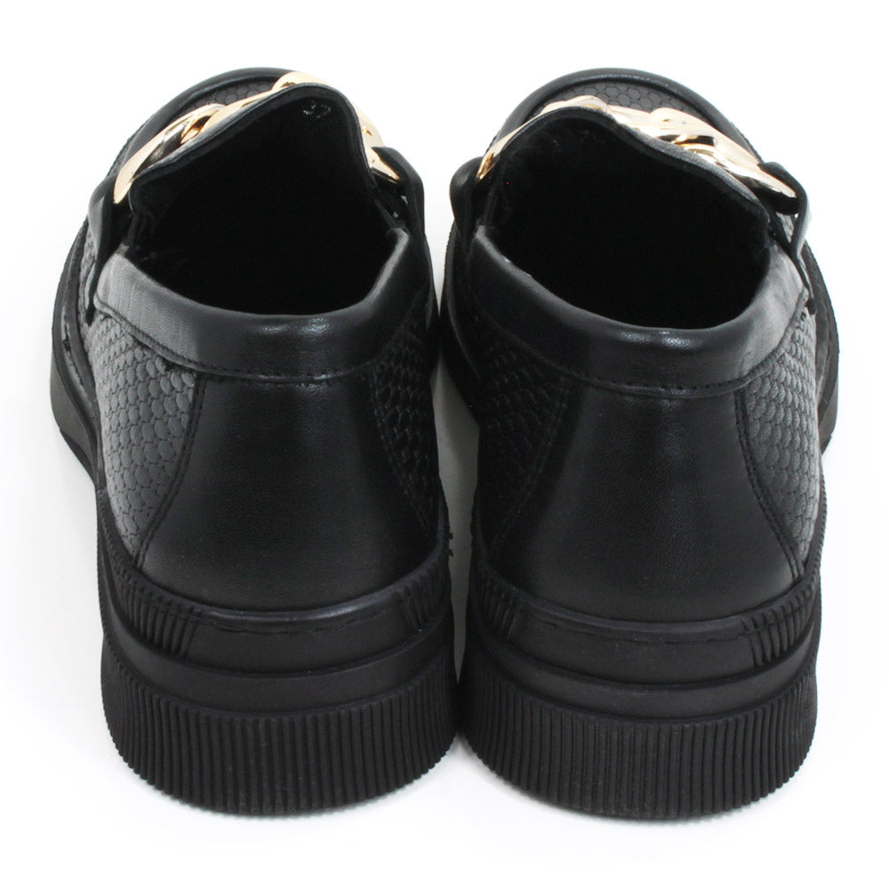 Adesso black loafers with chunky three link gold chain detail. Back view