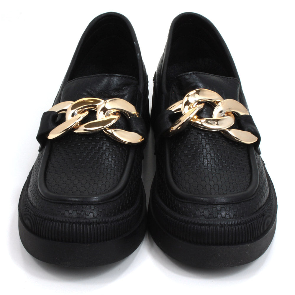 Adesso black loafers with chunky three link gold chain detail. Front view