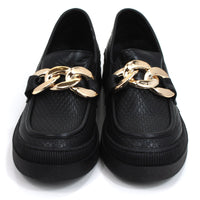 Adesso black loafers with chunky three link gold chain detail. Front view