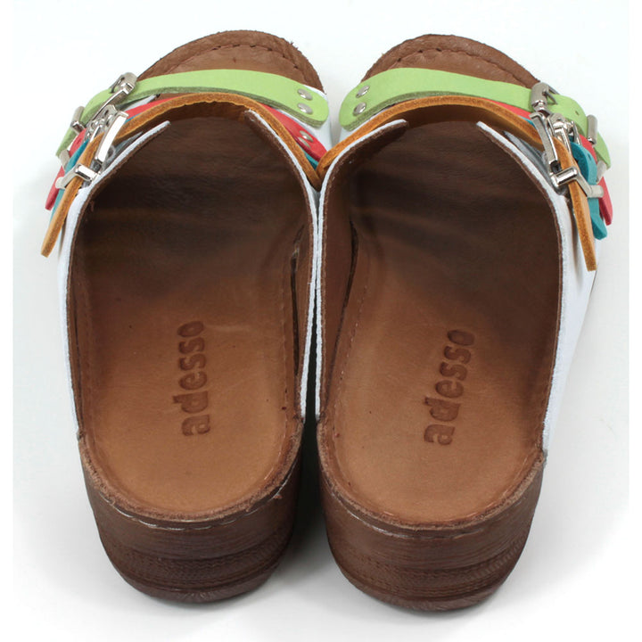 Adesso Zuri rainbow straps sandals. Four straps over the foot in mustard, teal, red and green. White leather upper. Low heels. Back view.