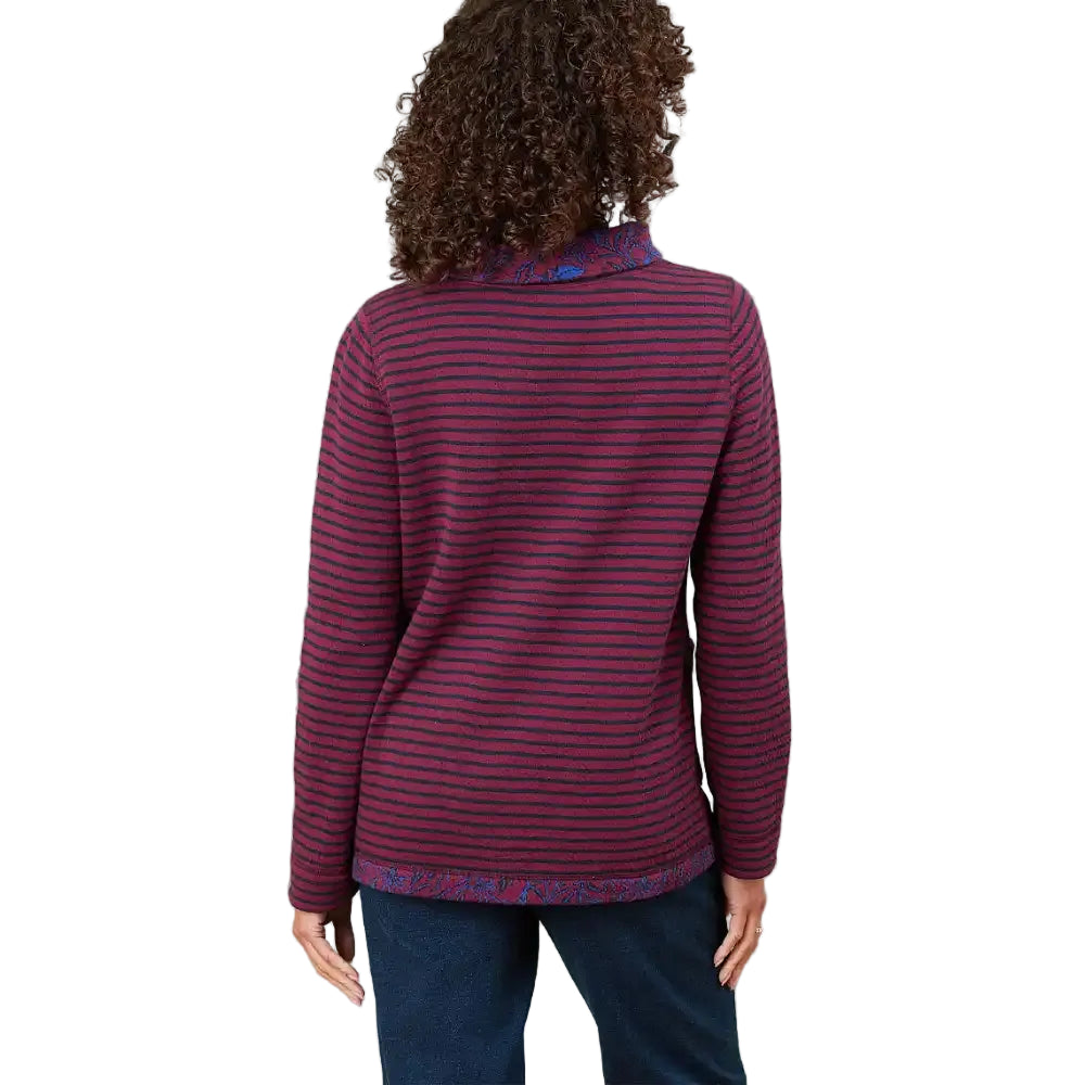 A woman viewed from the back wearing a long-sleeve knit top with thin horizontal dark stripes on a magenta base, plus a patterned blue and red collar, hem, and cuffs, paired with dark blue jeans against a solid white background.