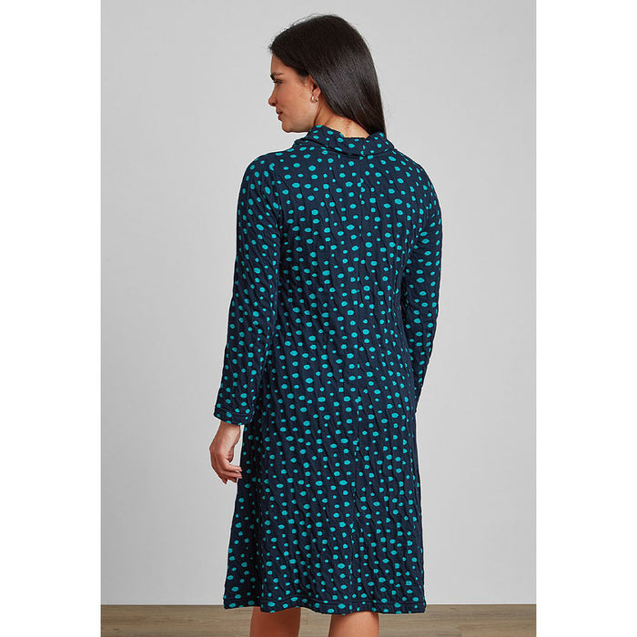 Navy based crinkled fabric with jade blue spotty prints, long sleeves and falling to the back of the knee. 