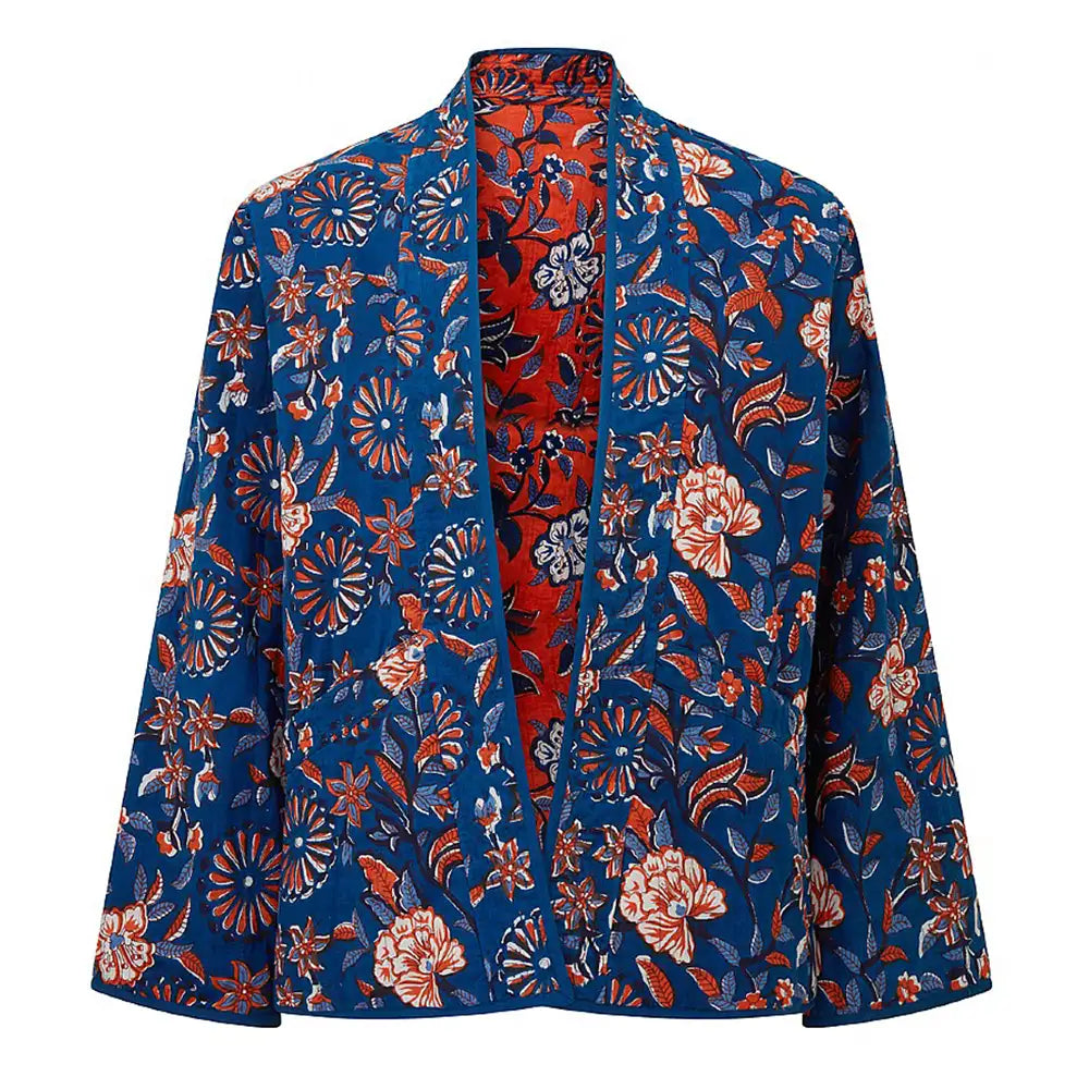 Blue floral kimono with orange lining 