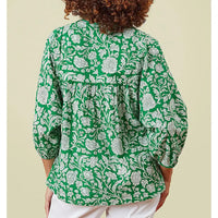 Person wearing a green floral patterned blouse against a beige background