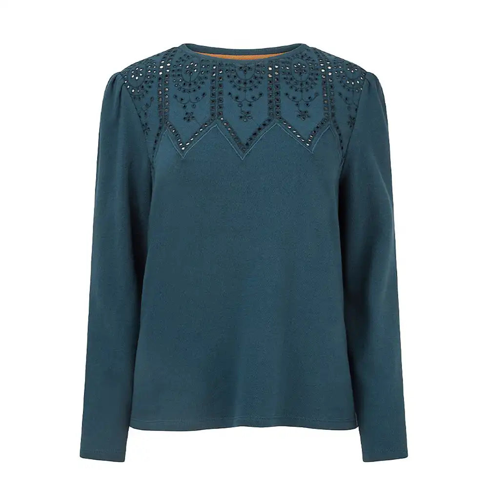Teal long-sleeve top with decorative cut-out pattern on a white background