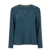 Teal long-sleeve top with decorative cut-out pattern on a white background