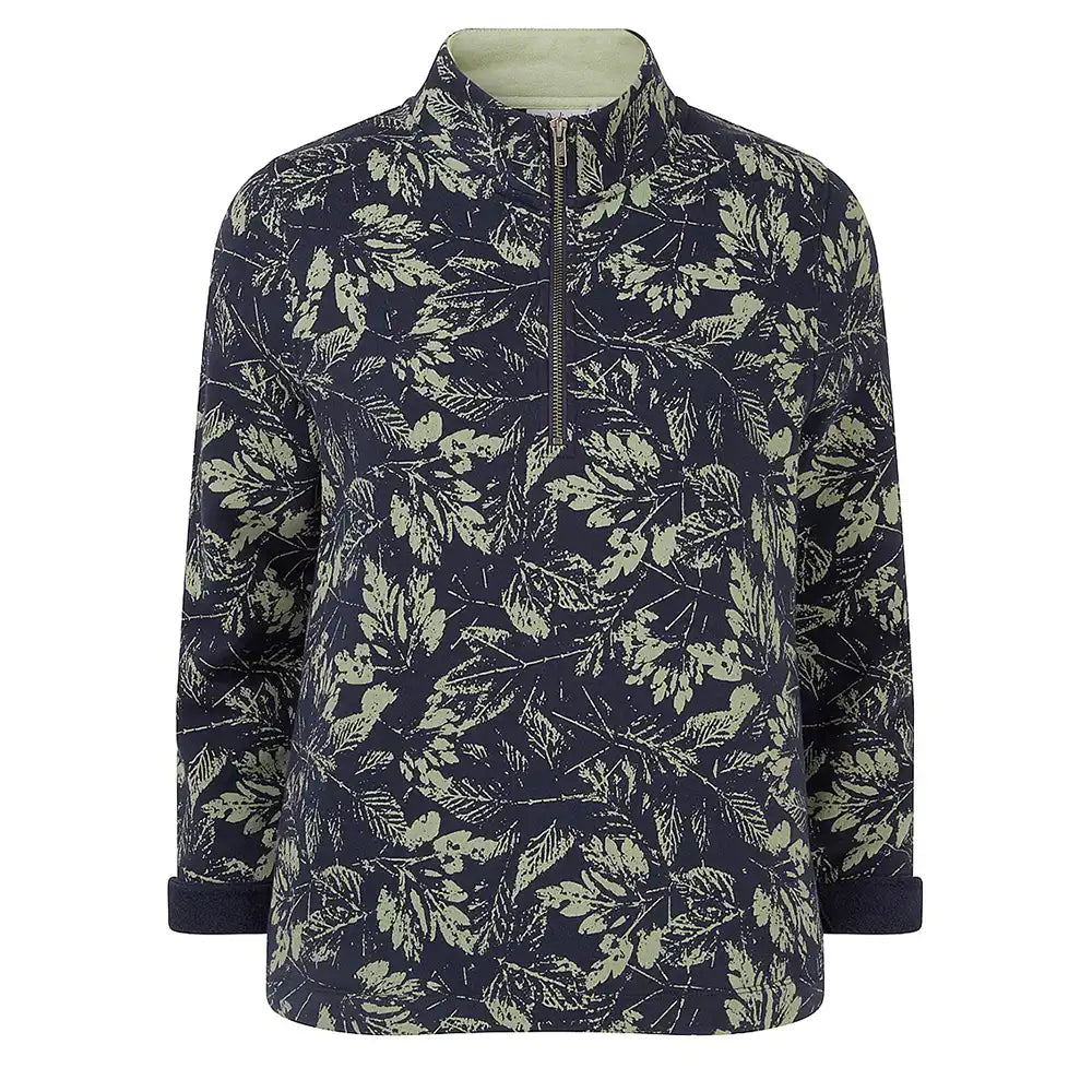 Navy jacket with leaf pattern on a white background
