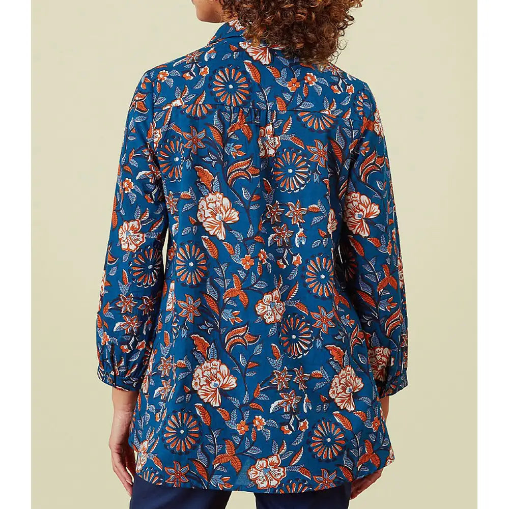 Navy blue and orange floral top with 3/4 length sleeves. 