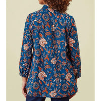 Navy blue and orange floral top with 3/4 length sleeves. 