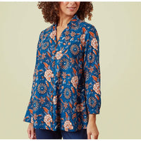 Navy blue and orange floral top with 3/4 length sleeves. 
