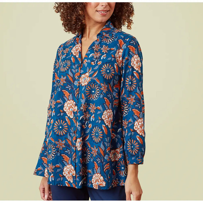 Navy blue and orange floral top with 3/4 length sleeves. 