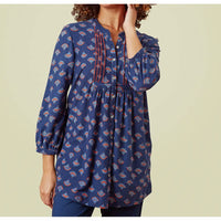 Three quarter length sleeves with pintuck detailing and buttons down the front. Blue base with multi coloured fans. 