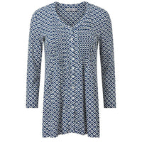 Geometric print tunic with three quarter length sleeves. V neckline. Ruched detailing on bust. 