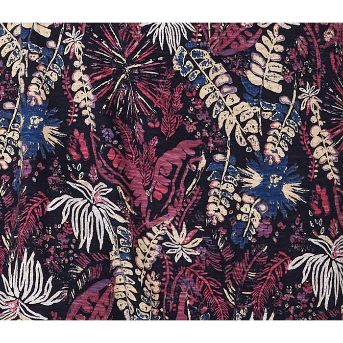 Black based fabric featuring a forest flora inspired print in a mixture of purples, navy and white.