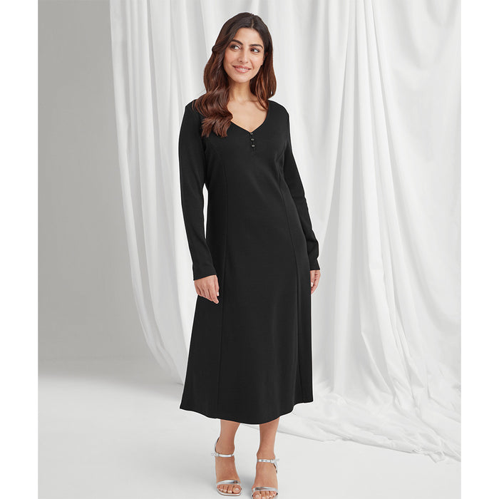 Front of black dress that has long sleeves, V neckline with three button detailing that flares into an A line skirt reaching to mid-calf. 