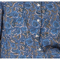 Crinkle fabric witha busy blue floral pattern, buttons for the front buttoning fastening of shirt. 