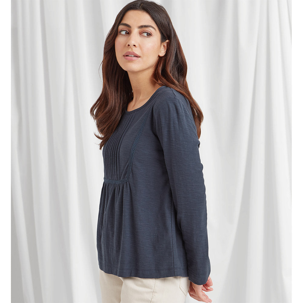 Navy blue top with a round neckline and long sleeves. Squared lace deatil over the bust creates a ruched drape over the stomach and ruching over the bust in the lace square. 