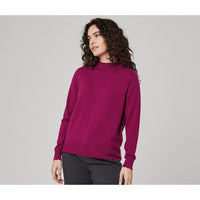 Plain plum high necked, long sleeved jumper with contrasting ribbed cuffs and scallop finished waist hemline.