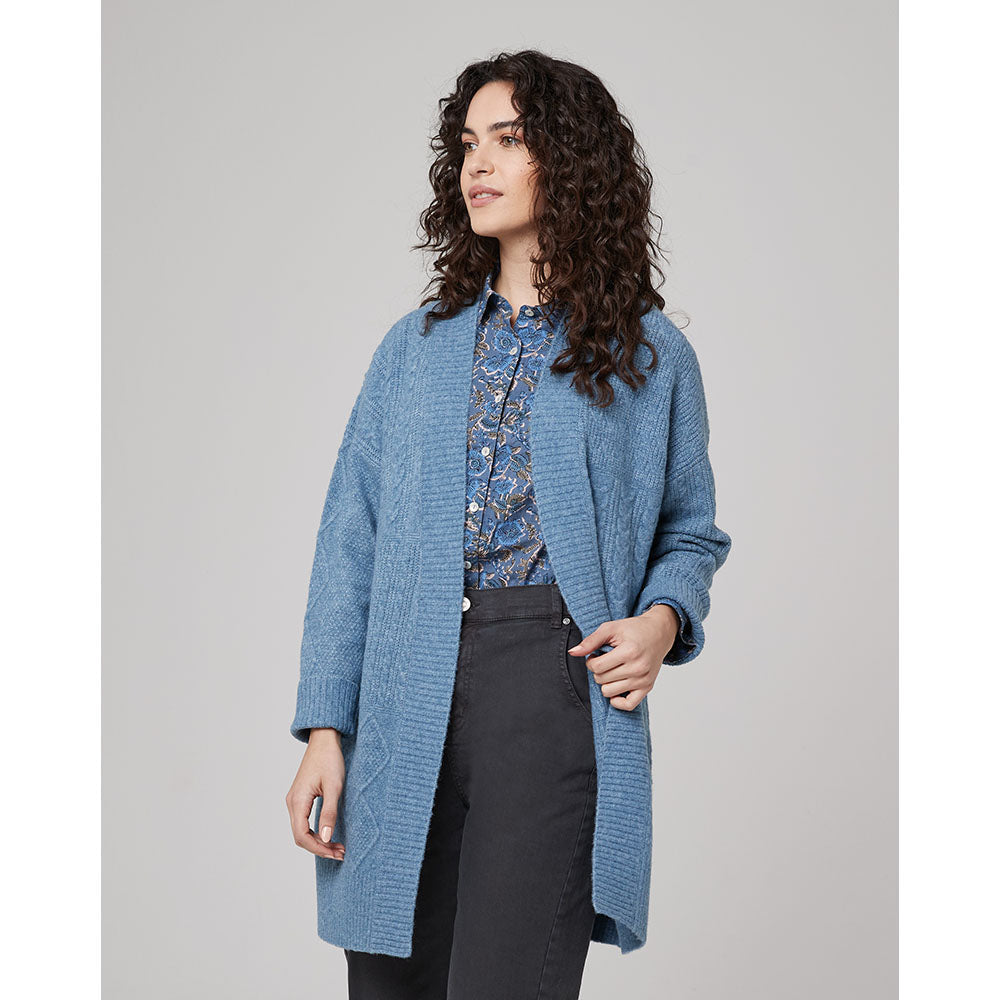 Pale duck egg blue cable kint cardigan that falls to just above the charcoal grey denim clad jeans. Slouched sleeves and ribbed open edge to edge hem line and cuffs. 