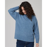 Long sleeve high neck duck egg blue cable knit jumper with ribbed hem at waist line and sleeve cuffs. 