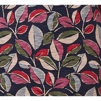 Navy blue base with leaf print - pale blue, pink, red, green and cream coloured print. 