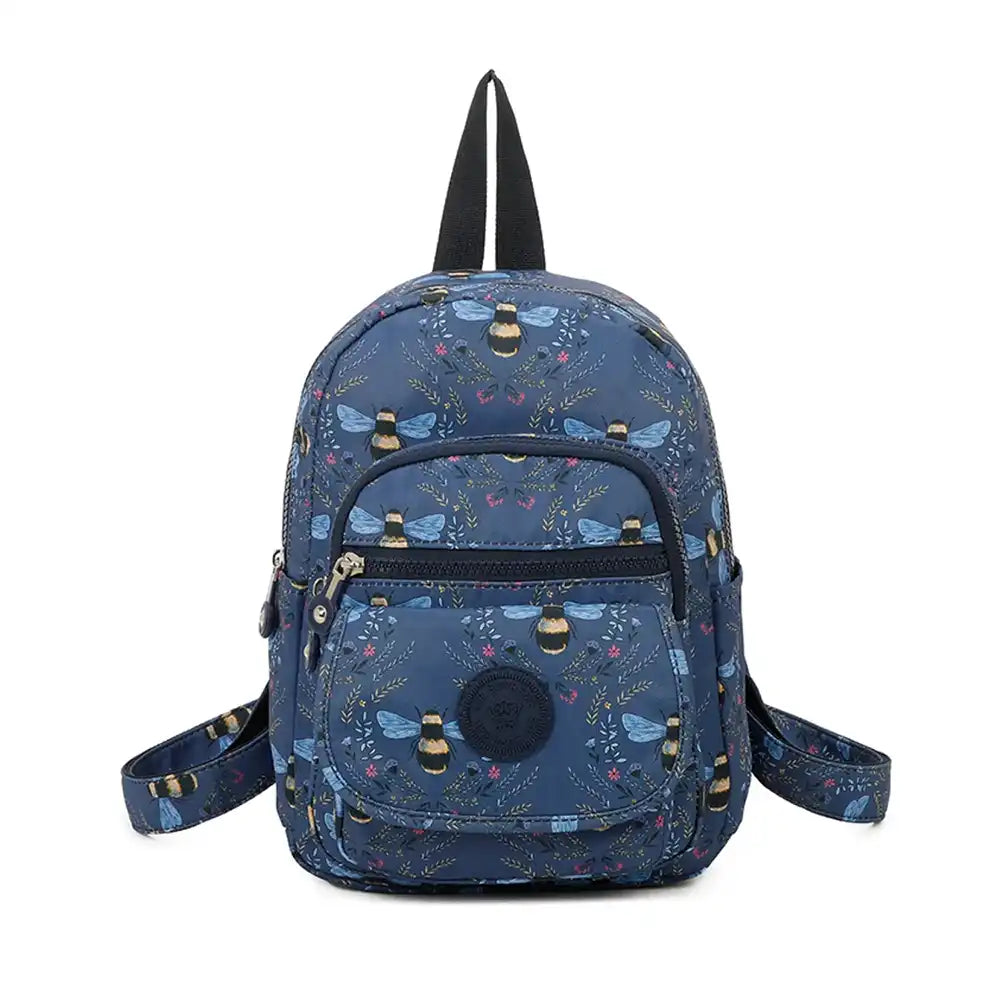 Fabric backpack with bees and foliage on blue background. Zipped pockets.