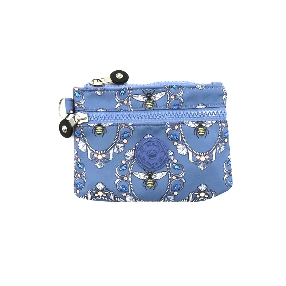 Blue pouch with bee pattern on a white background