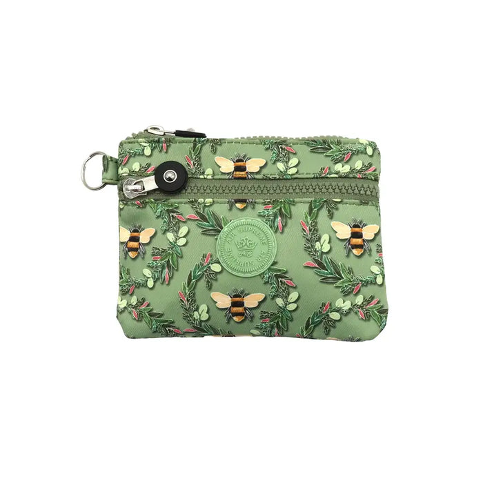Green pouch with bee and floral pattern on a white background