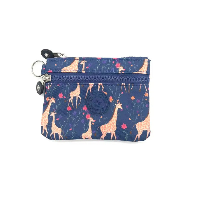 Small pouch with giraffe pattern on a white background