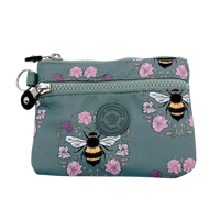 Small blue pouch with bee and floral pattern on a white background