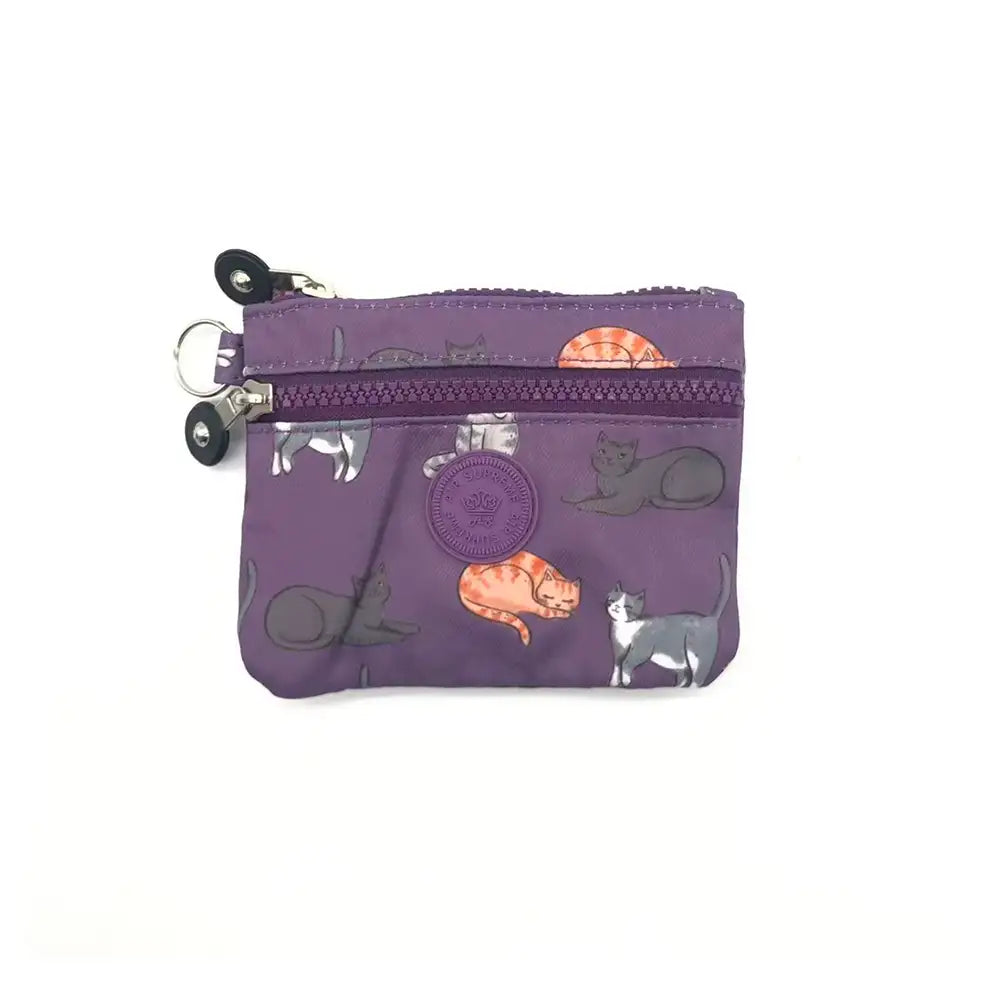 Purple pouch with cat illustrations on a white background