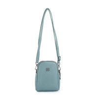 A light blue crossbody bag with a long shoulder strap, silver-tone hardware, and a small metallic logo emblem on the front, shown against a plain white background.