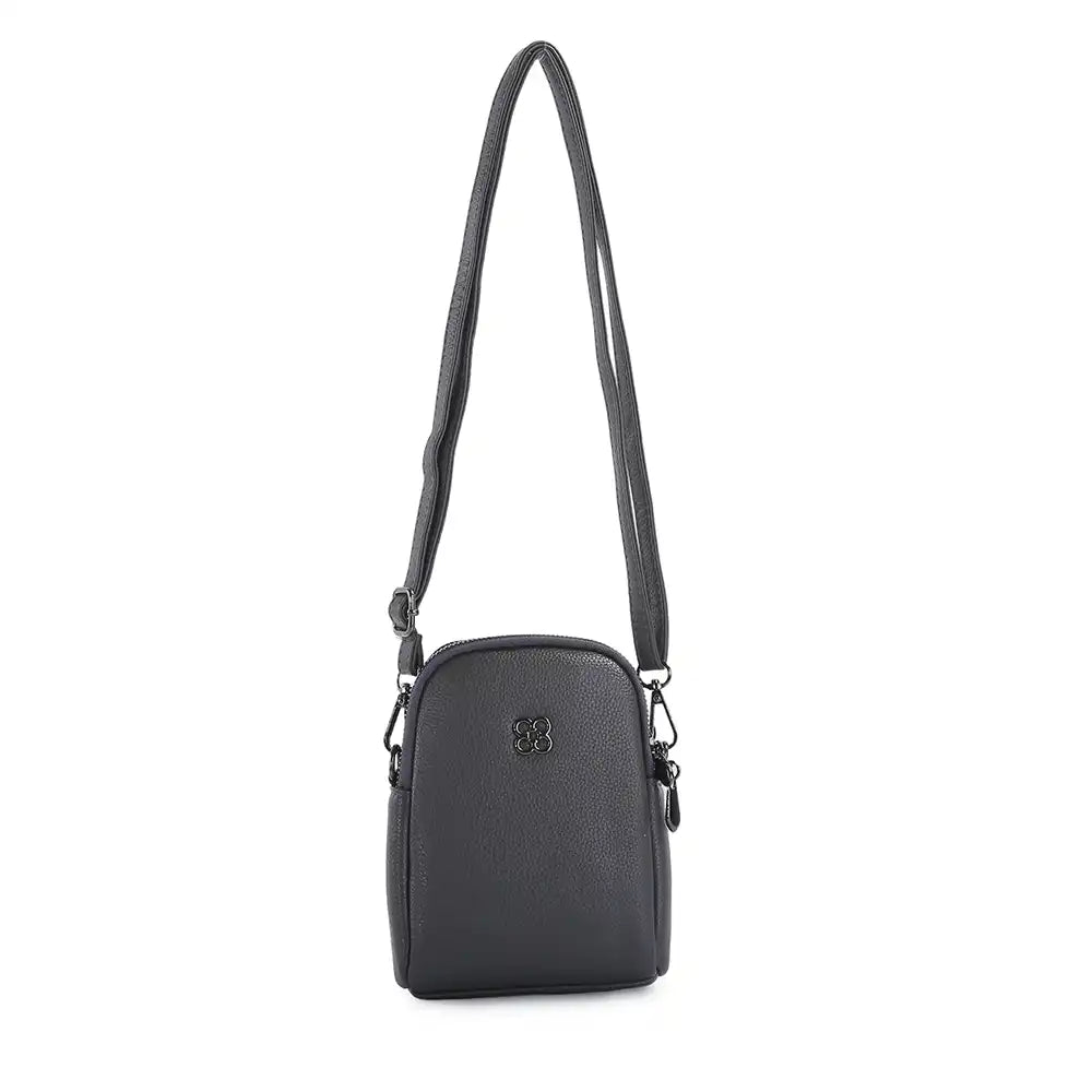 A dark gray pebbled leather crossbody bag with a long adjustable shoulder strap and a small metallic logo emblem on the front, shown against a plain white background.