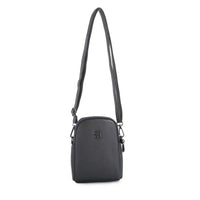 A dark gray pebbled leather crossbody bag with a long adjustable shoulder strap and a small metallic logo emblem on the front, shown against a plain white background.