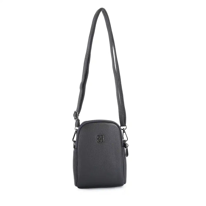 A dark gray pebbled leather crossbody bag with a long adjustable shoulder strap and a small metallic logo emblem on the front, shown against a plain white background.