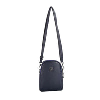 A navy blue pebbled leather crossbody bag with a matching adjustable shoulder strap and a small silver-tone metal logo on the front, shown against a plain white background.