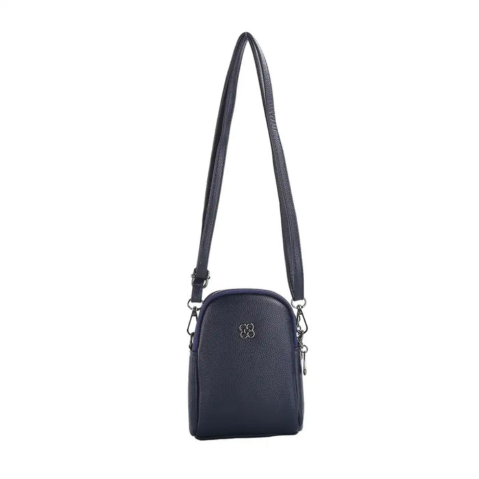 A navy blue pebbled leather crossbody bag with a matching adjustable shoulder strap and a small silver-tone metal logo on the front, shown against a plain white background.