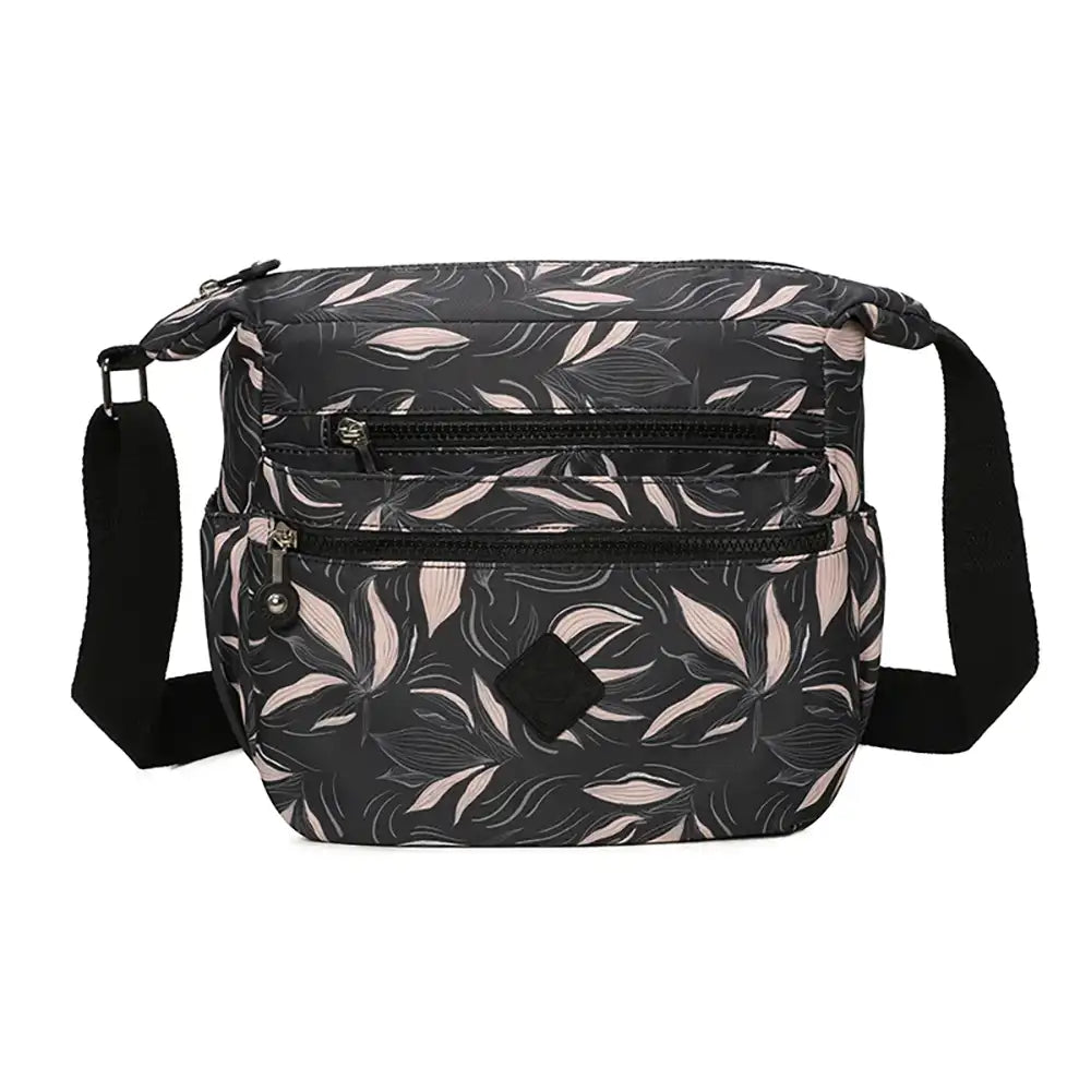 Multi Zip Messenger Bag - Black Leaves