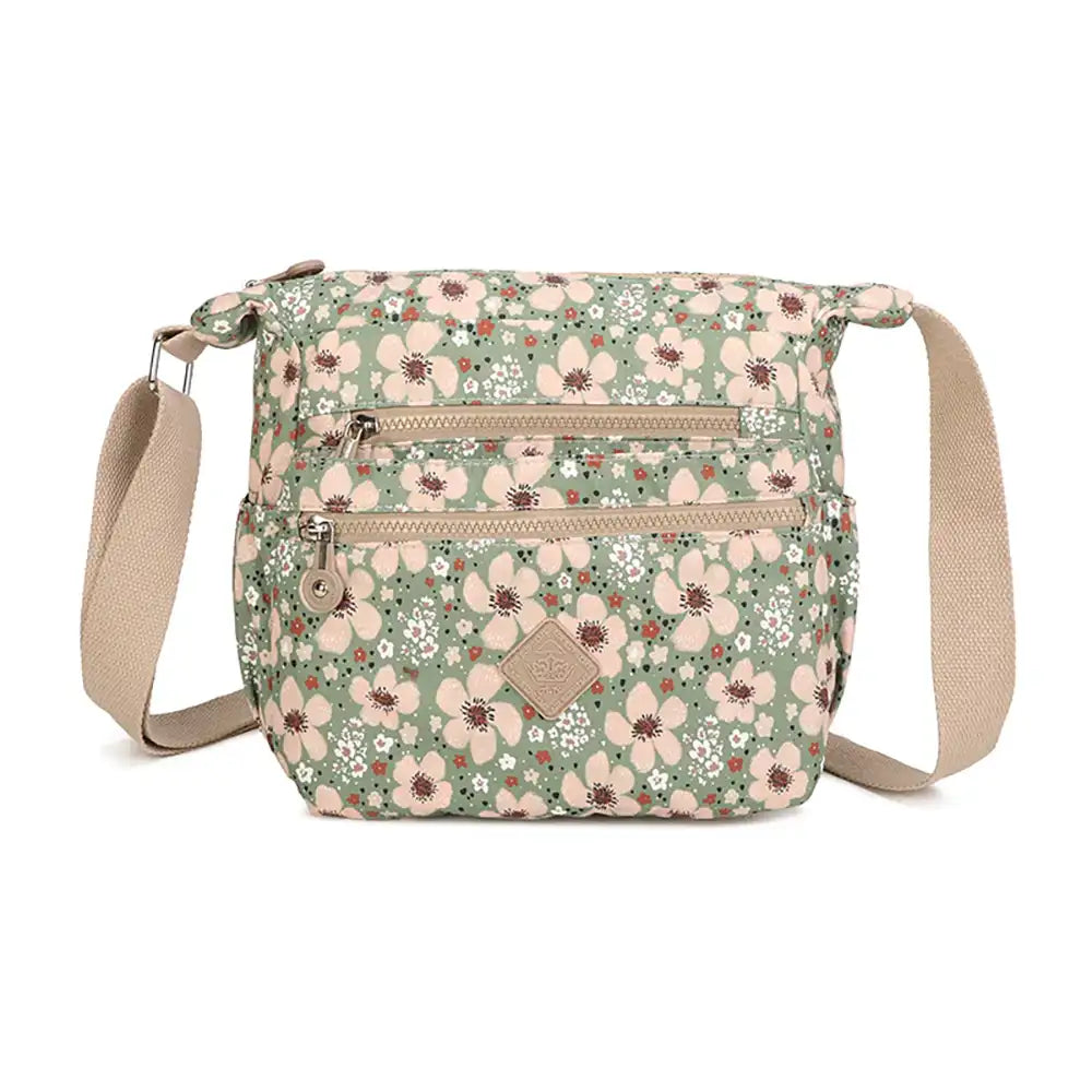 Multi Zip Messenger Bag - Green Pansies