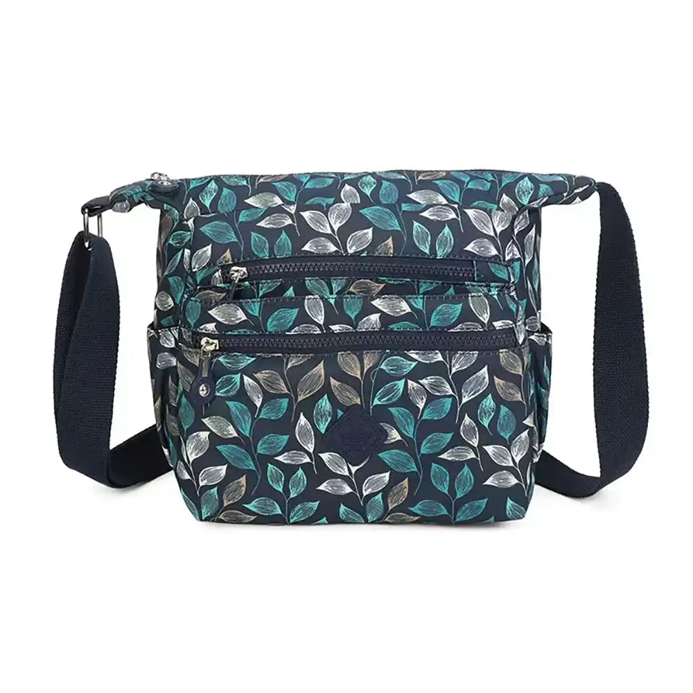 Multi Zip Messenger Bag - Teal Leaves