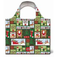 A reusable folding tote bag  featuring a colorful Christmas patchwork print with Santa Claus, stockings, trees, reindeer, and gift boxes on a white background.