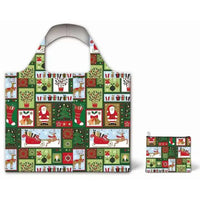 A reusable folding tote bag with a matching zippered pouch, both featuring a colorful Christmas patchwork print with Santa Claus, stockings, trees, reindeer, and gift boxes on a white background.