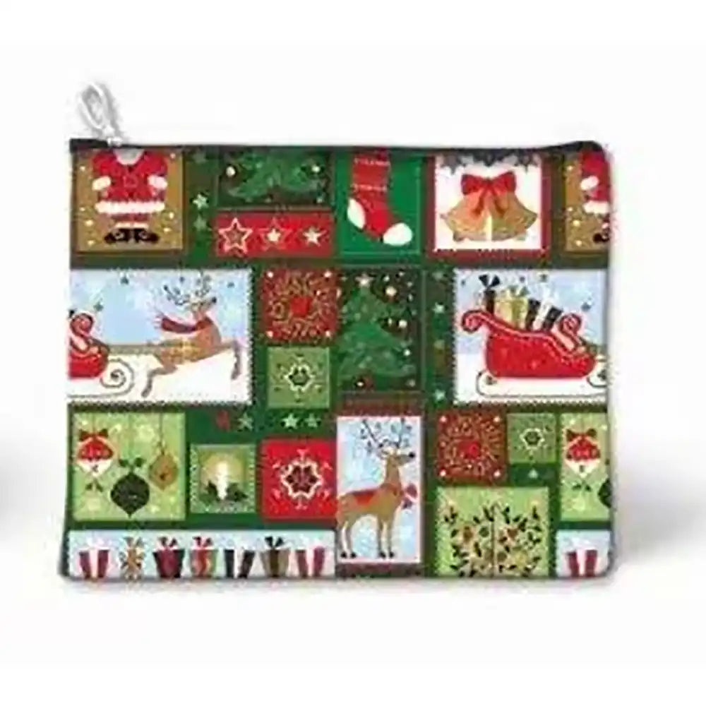A zippered pouch featuring a festive Christmas patchwork print with illustrations of Santa Claus, reindeer, stockings, bells, and sleighs in green, red, beige, and white tones.
