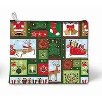 A zippered pouch featuring a festive Christmas patchwork print with illustrations of Santa Claus, reindeer, stockings, bells, and sleighs in green, red, beige, and white tones.