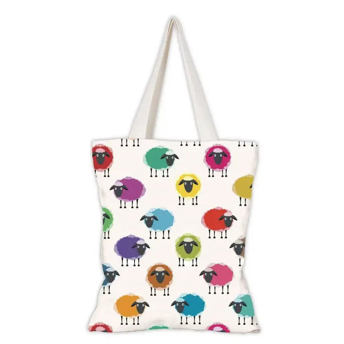 Tote bag with colorful sheep pattern on a white background