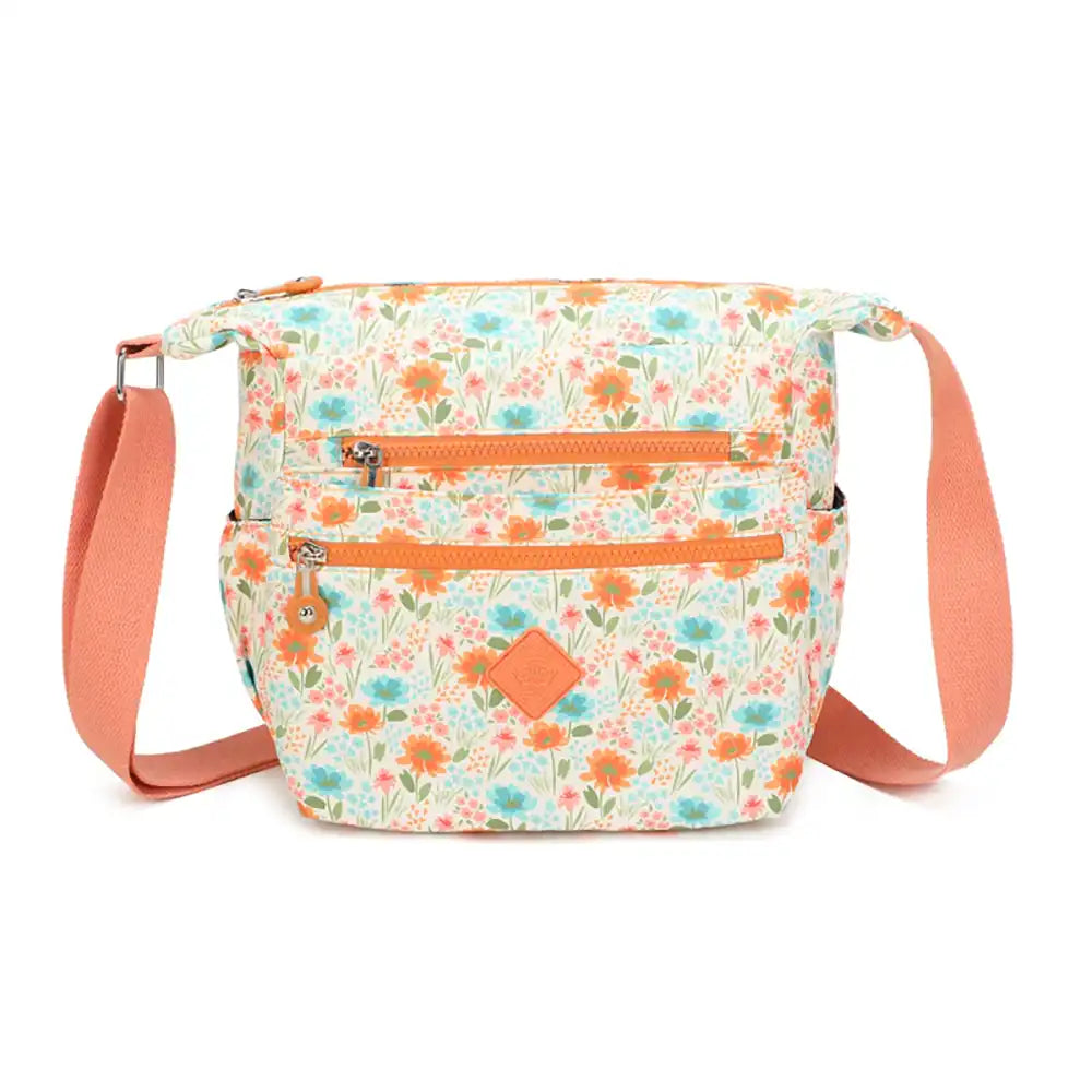 Multi Zip Messenger Bag - Orange Flowers