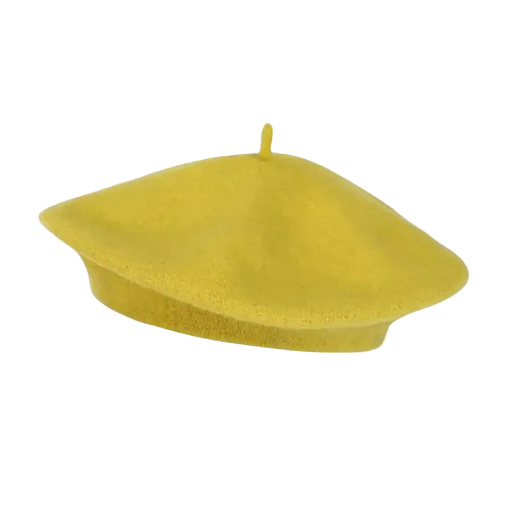 A classic yellow felt beret hat with a small top loop, shown from a side angle against a plain white background.