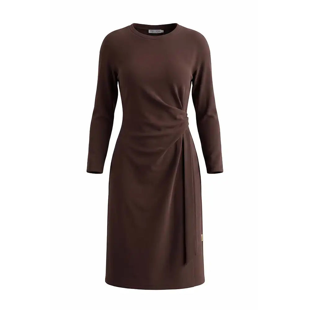 A dark brown long-sleeve knit dress with a draped wrap-style waist detail, shown on a plain white background.